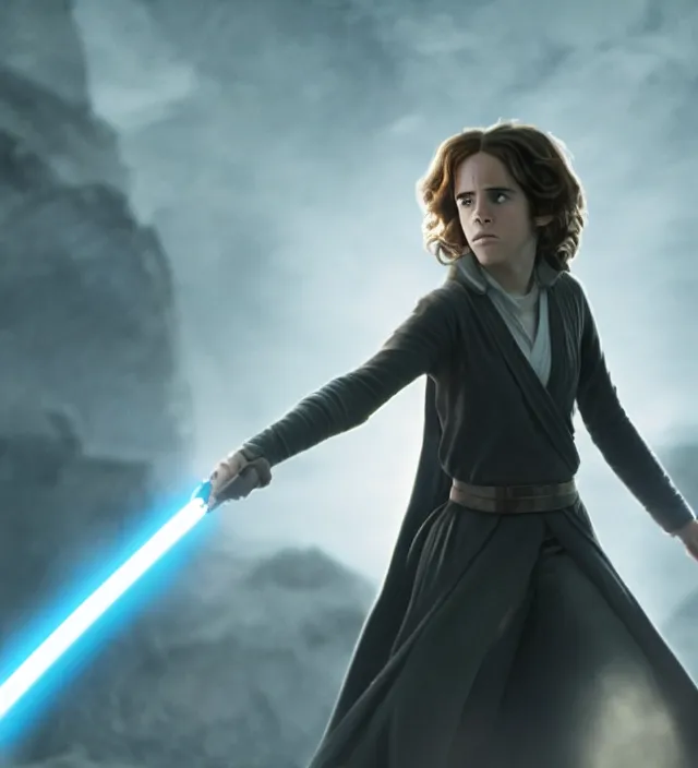 Image similar to hermione in star wars, movie still frame, hd, remastered, movie grain, cinematic lighting