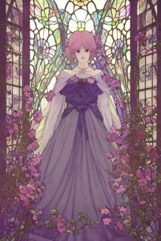 Prompt: a beautiful render of absolutely beautiful princess that wear rose flower wedding gothic lolita dress clothing stay in blooming flower house alone, a beautiful face, dazzling light beam penetrated through the window, perfectly shaded, atmospheric lighting, style of makoto shinkai, raphael lacoste, louis comfort tiffany, artgerm, karol bak, james jean, alphonse maria mucha