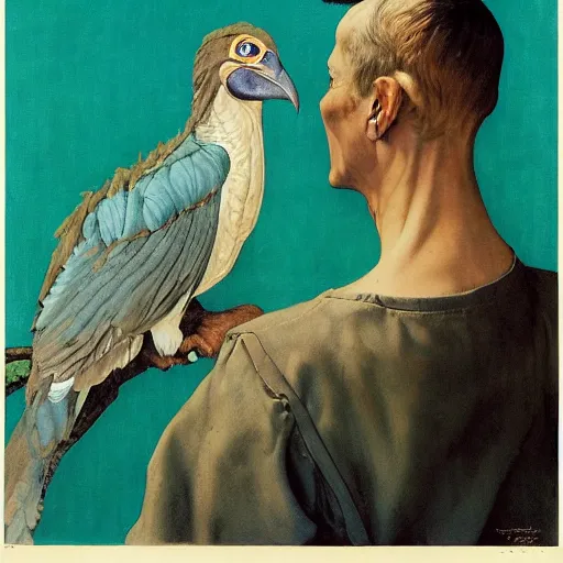 Image similar to mesozoic, teal gloomy by norman rockwell, by zinaida serebriakova. a installation art of a man, with an animal skull for a head, & a large bird perched on his shoulder. the man is looking up at the bird with a fierce expression, & the bird is looking back at him with an equally intense gaze.