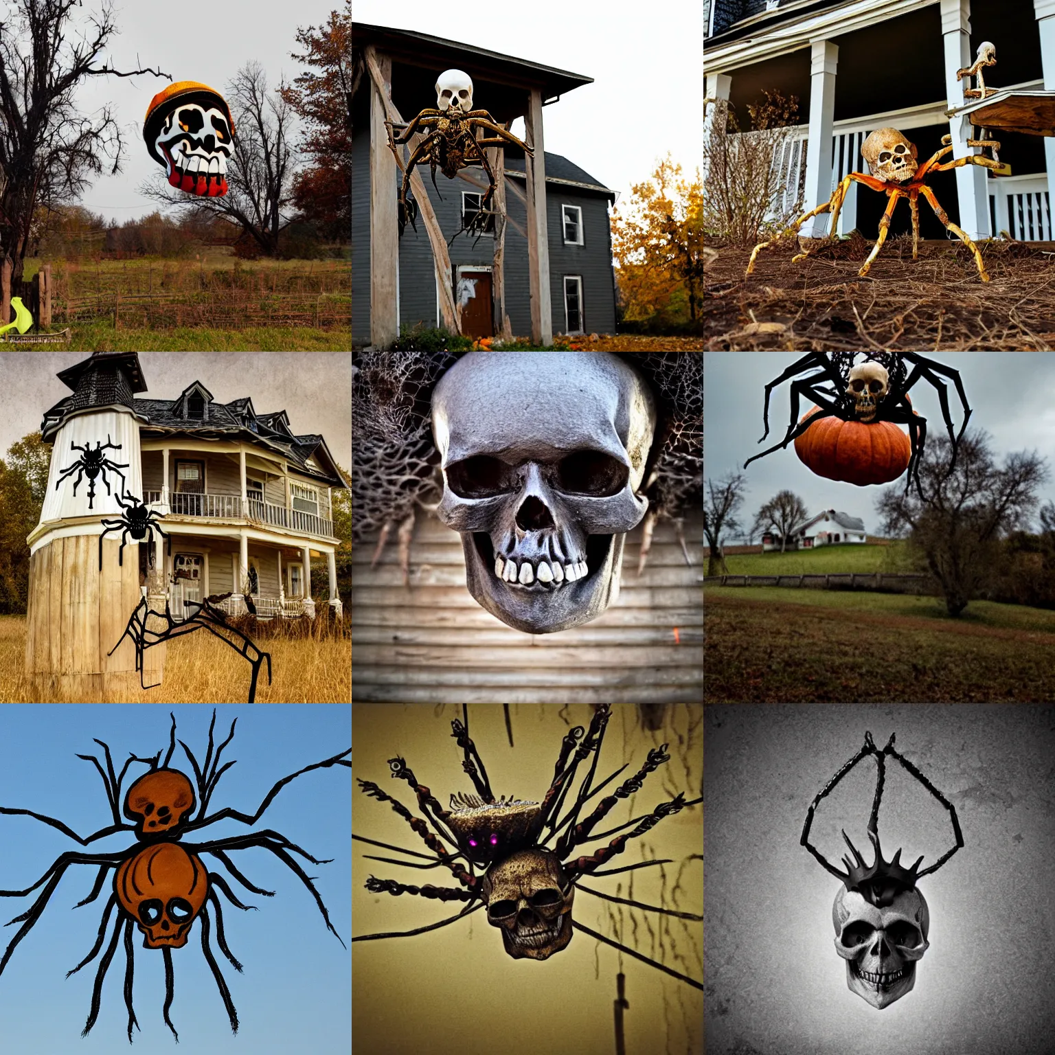 Prompt: skull spider king, hovering over a farmhouse on halloween