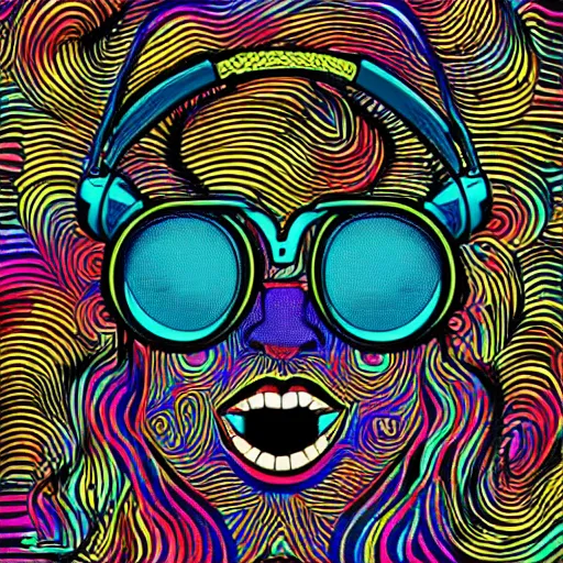 Prompt: artgerm, psychedelic trey anastasio, rocking out, headphones dj rave, digital artwork, r. crumb, svg vector