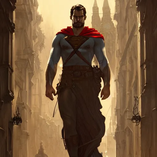 Image similar to Henry Cavill as Homelander, western, D&D, fantasy, intricate, elegant, highly detailed, digital painting, artstation, concept art, matte, sharp focus, illustration, art by Artgerm and Greg Rutkowski and Alphonse Mucha