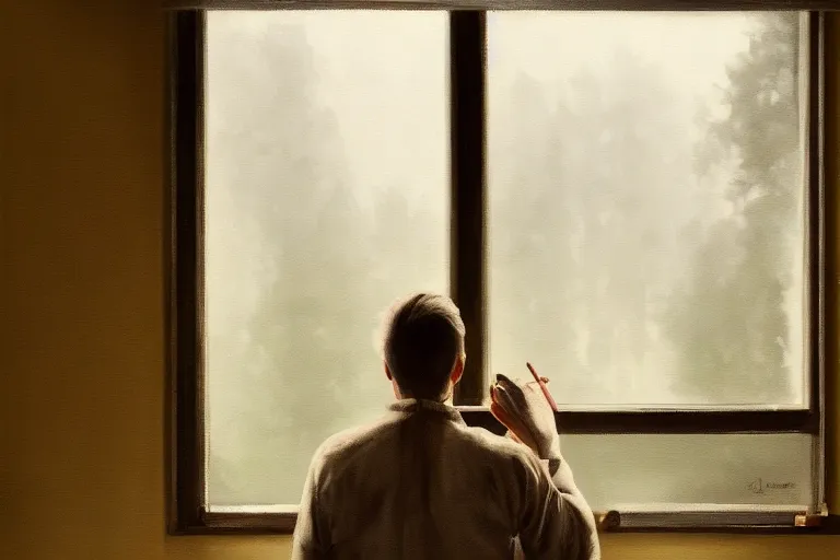 Image similar to a painting of a man staring at a figure out of a foggy window in a suburban home by jama jurabaev, cinematic shot, trending on artstation, high quality, ultra realistic