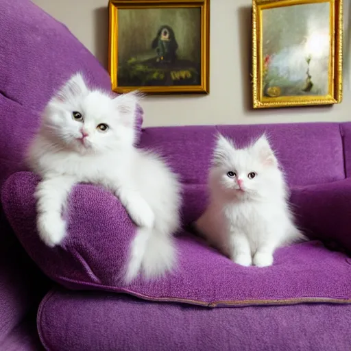 Prompt: a white Siberian kitten is sitting on a purple couch with antique vintage paintings on the walls