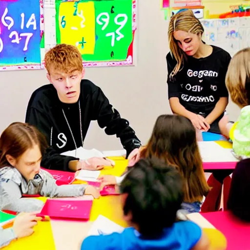 Prompt: 2000s photograph of Swedish rapper and singer Bladee teaching advance trigonometry to a group of 5 year old children in an elementary school-W 910