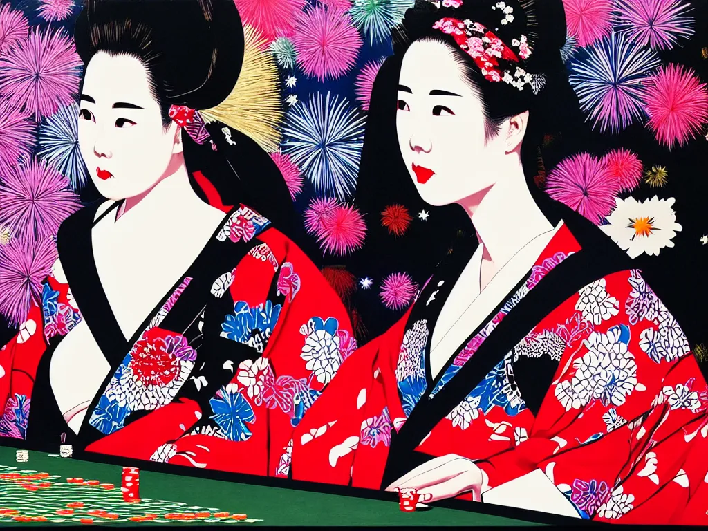 Image similar to hyperrealistic composition of the detailed woman in a japanese kimono sitting at a extremely detailed poker table with detailed darth vader, fireworks, mount fuji on the background, pop - art style, jacky tsai style, andy warhol style, acrylic on canvas