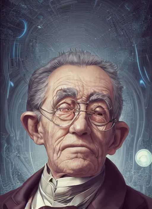 Image similar to portrait of elderly 1 9 th century genius inventor by dan mumford, yusuke murata, makoto shinkai, ross tran, cosmic, intricate detail, cinematic, 8 k, cel shaded, unreal engine, featured on artstation, pixiv