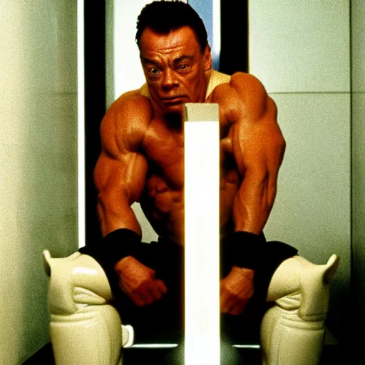 Prompt: Jean Claude Vandamme, 1992, doing the splits over a toilet, dramatic lighting, award winning, octane,