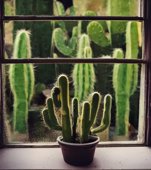 Prompt: an old photo of a cactus on a sunny windowsill, soft lighting