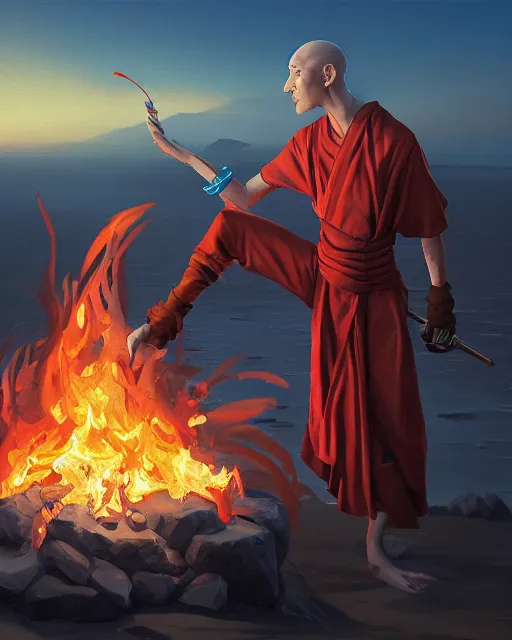 Prompt: [ [ squidward ] ] wearing fire nation clothing and practicing firebendingoutside at susnset, oil painting, highly detailed, intricate, hd, sharp focus, photorealistic, by moebius and greg rutkowski, trending on artstation, trending on cgsociety, realistic shading and lighting