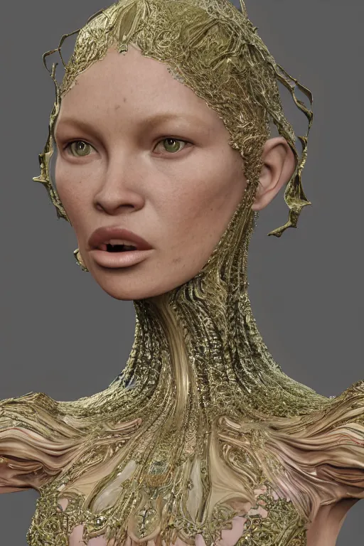 Image similar to a highly detailed medium shot 8 k render portrait of an alien goddess young kate moss in iris van herpen dress schiaparelli in diamonds and jewelry in style of alphonse mucha trending on artstation made in unreal engine 4