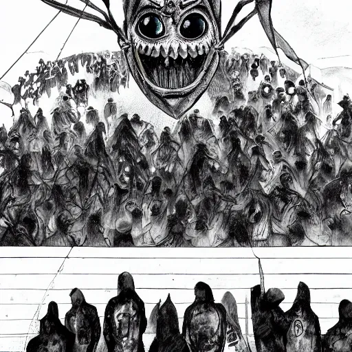 Image similar to Jaws dropped. Heads turned. Eyes widened in surprise as shady eight-eyed men squelched through the crowd and disappeared up into the sky, their faces hidden by masks. The tent is full of people, all staring at the sky above them and waiting for more to come flying out.