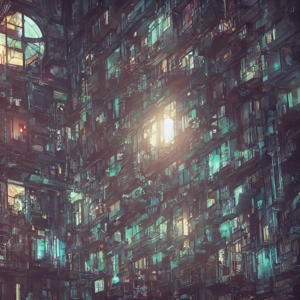 Prompt: a highly detailed loft apartment, neon backlit, round window, cyberpunk nightcity in the window, 8 k