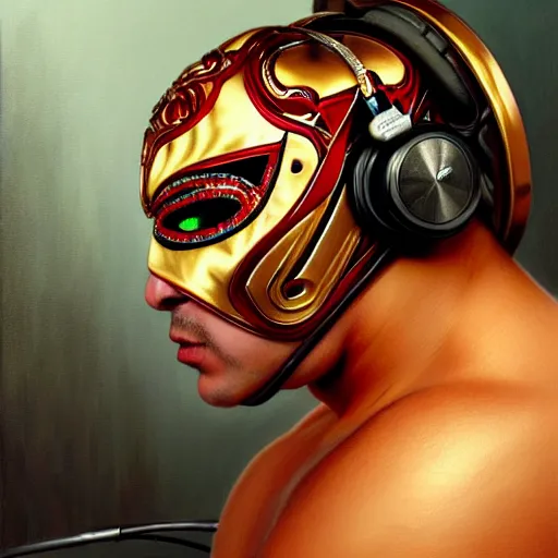 Image similar to portrait of vladimir putid as lucha libre dj, muscular, headphones, thick golden ring around the neck, fantasy, intricate, elegant, highly detailed, digital painting, artstation, concept art, smooth, sharp focus, illustration, art by artgerm and greg rutkowski and alphonse mucha