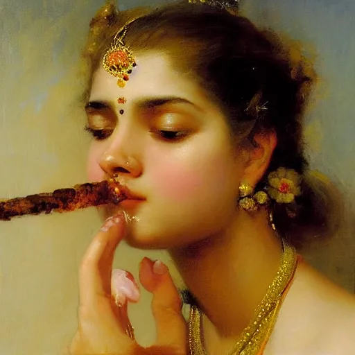 Prompt: detailed portrait of hindu traditional girl smoking joint i baroque painting, girl graceful, eyes closed, painting by gaston bussiere, craig mullins, j. c. leyendecker