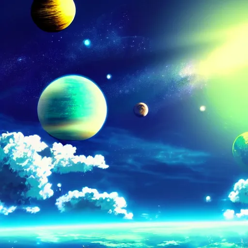 Image similar to anime style hd wallpaper of outer space with a view of a blue and green planet below