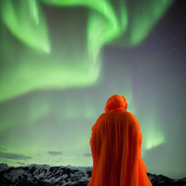 Image similar to closeup portrait of a woman wrapped in orange fiber, standing in alaska, aurora borealis in background, color photograph, by vincent desiderio, canon eos c 3 0 0, ƒ 1. 8, 3 5 mm, 8 k, medium - format print