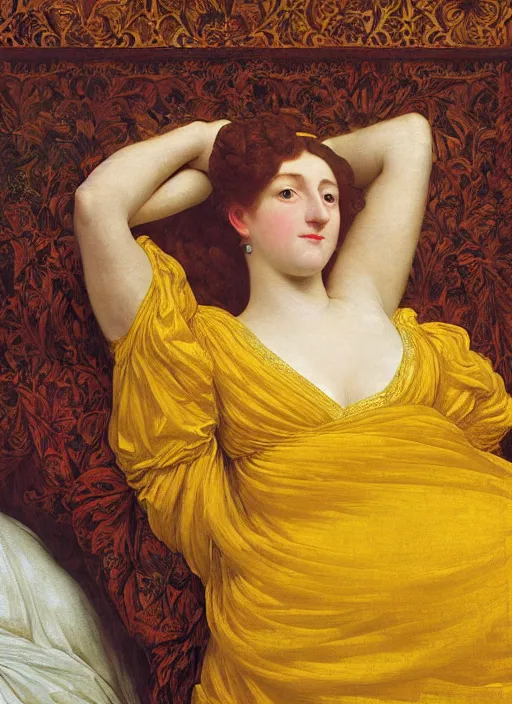 Image similar to masterpiece portrait of lady reclining on bed wearing yellow ochre ornate medieval dress, vertical, foreshortening, colour photography by frederic leighton, william morris, 8 k