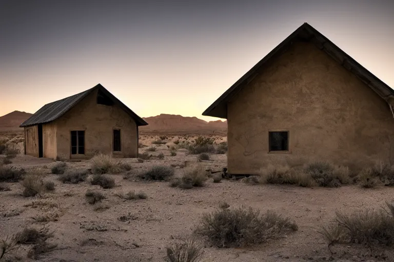 Image similar to desolate house in the middle of the desert, golden hour, dramatic, desolate, award winning