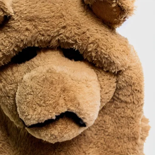 Image similar to the face of kanye west wearing full teddy bear costume at 4 3 years old, portrait by julia cameron, chiaroscuro lighting, shallow depth of field, 8 0 mm, f 1. 8