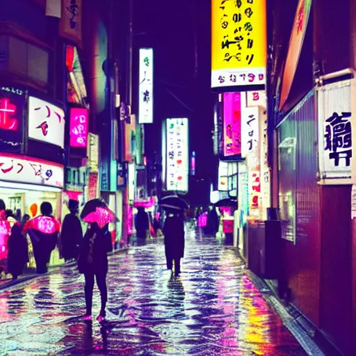 Prompt: japanese girl walking in neon japan at night under heavy rain alongside hundred of white rabbits