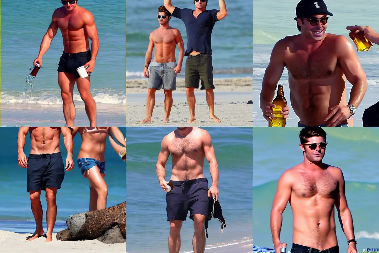 Prompt: zac efron drinking a beer after gaining weight in retirement, beach photo, chubby, tabloid photo, paparazzi, realistic, beach