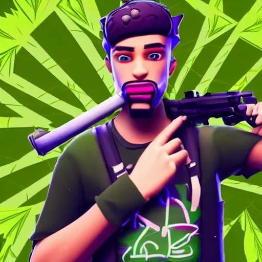 Prompt: close up photograph of very high on weed fortnite guy, stoner eyes, fortnite guy smoked weed, weed background, smoking a blunt, 8 k resolution