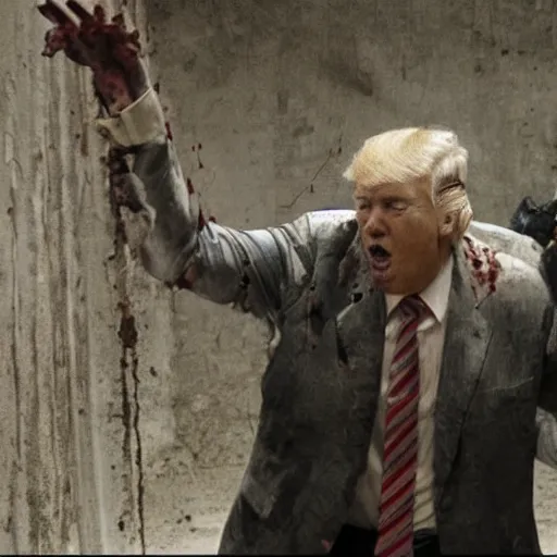 Image similar to donald trump as zombie in the walking dead. movie still. cinematic lighting