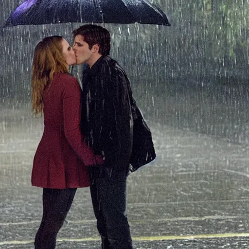 Image similar to still of emma watson kissing dean in the rain in supernatural