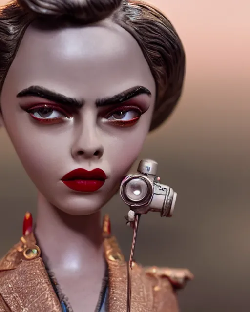 Image similar to closeup face profile portrait of a tin toy retro 1 9 5 0 s cara delevingne, bikini, depth of field, zeiss lens, fashion photoshoot by nicoletta ceccoli, mark ryden, lostfish, breathtaking, detailed and intricate environment, 8 k resolution, extremely detailed, beautiful, establishing shot, artistic, hyperrealistic, octane render