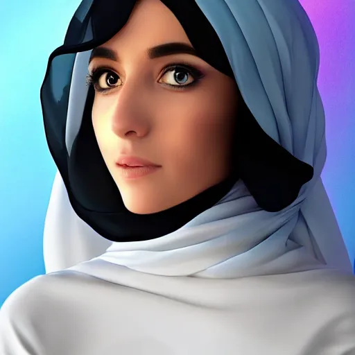 Prompt: arab Ameera al-Taweel, maiden, bright blue eyes, black hair, simple white veil, by beeple, studio ghibli, wallpaper, highly detailed, trending on artstation