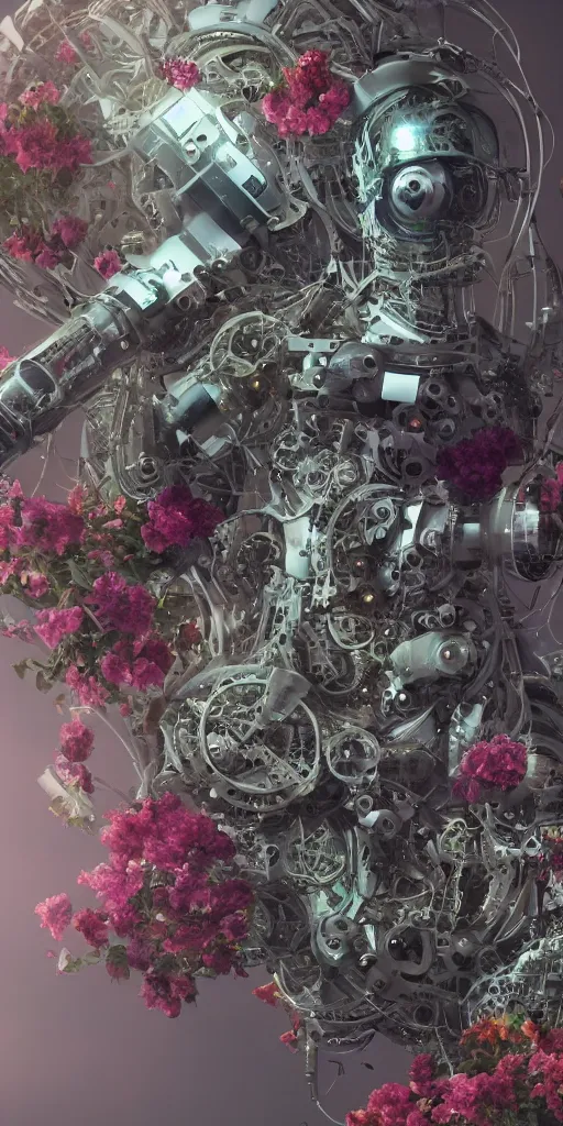 Image similar to a lovely mechanical cornucopia of flowers and human body parts, scifi, futuristic, utopian, machine parts, body parts, wires, circuits, highly detailed, octane render, cinematic