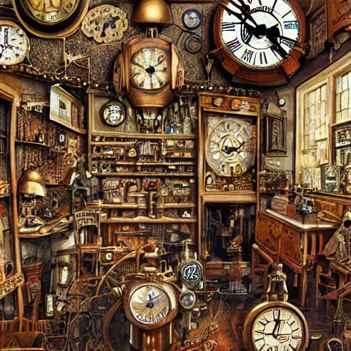 Image similar to interior of a steampunk clock shop, father time tinkering, old grandfather clocks everywhere, realistic, very intricate hyper detailed collage on paper