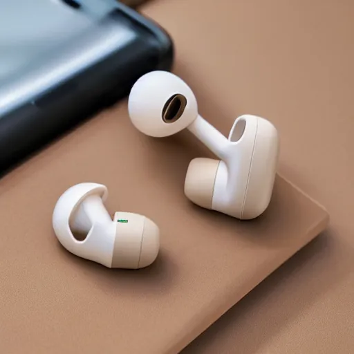 Prompt: beige truly wireless earbuds, studio, product photo