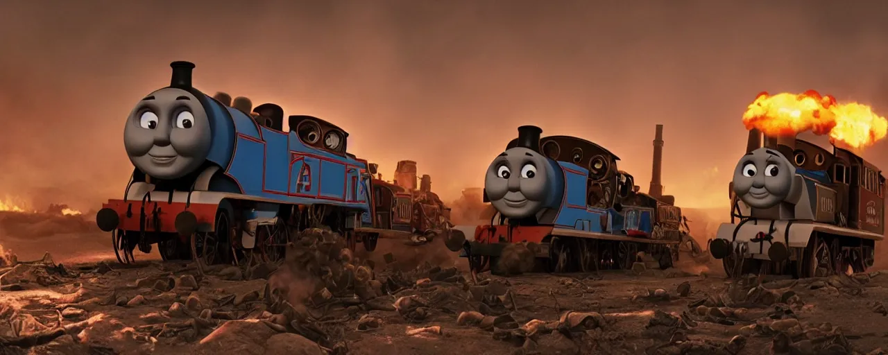 Image similar to Thomas the Tank Engine in the fiery Wasteland of MAD MAX: FURY ROAD