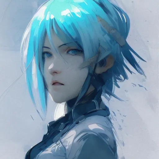 Image similar to realistic portrait of Sinon from sword art online, short blue hair, dramatic lighting, illustration by Greg rutkowski, yoji shinkawa, 4k, digital art, concept art, trending on artstation