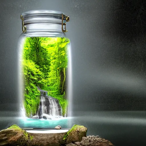 Prompt: waterfall in a jar, 4k detailed hyperrealistic photography