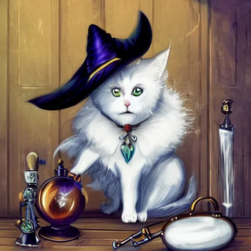 Prompt: a full body beautifull witch with white hair in an old room a cristal ball on wood table. with a potions and old instruments. a white cat on the floor licking his paw. in a fantasy style paiting