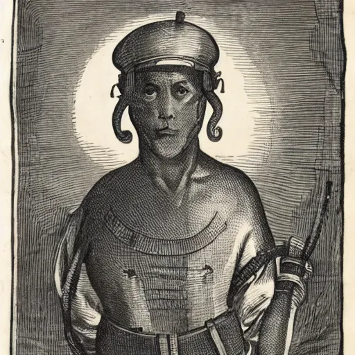 Prompt: A British colonial soldier with an octopus head, engraving, ink, black and white, 14th century