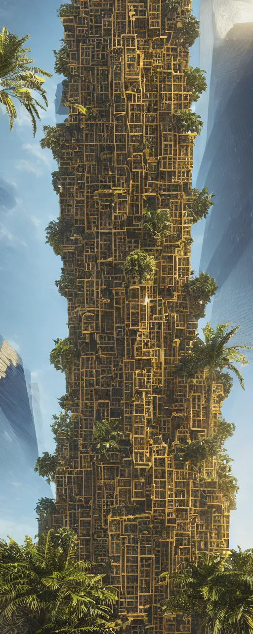 Image similar to solarpunk, eye level view of a contemporary babylon tower, golden intricate details, stone facade, sacred architecture, hanging gardens, cascading highrise, arid mountains with lush palm forest, photorealistic, sunlight, post - production, octane, cgi, sfx