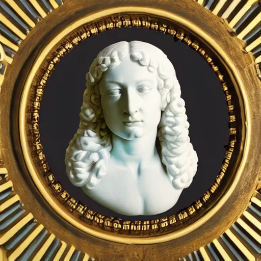 Image similar to a 3 d neon ring surrounding a renaissance statue head