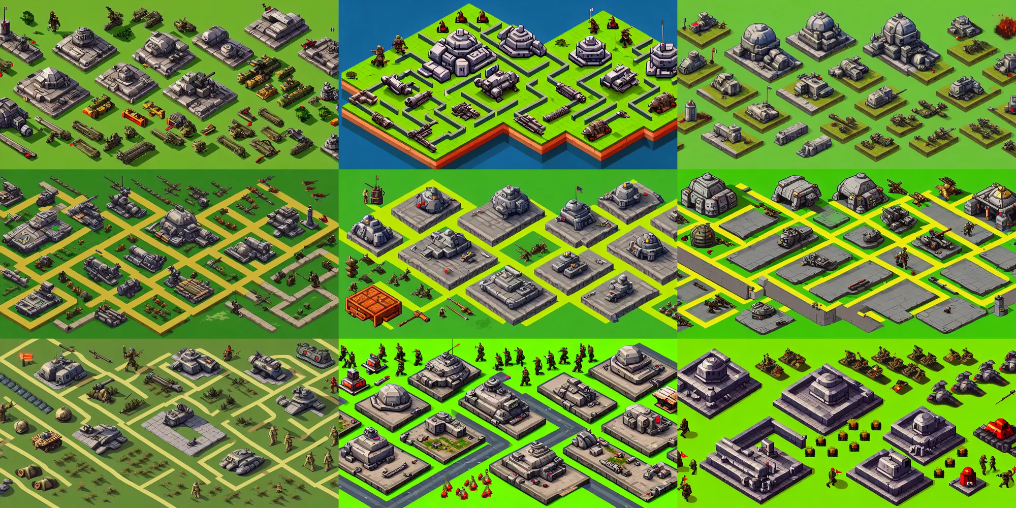Prompt: isometric game asset of war game command and conquer tanks bases military buildings in pixelart, props, stylized, 2 d sprites asset sheet, kitbash, arcane, prop rocks, overwatch, many color scheme, 8 k, close up