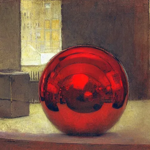 Prompt: chrome spheres on a red cube by jules bastien lepage