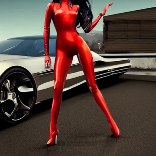 Image similar to promotional photo of a gorgeous young woman in a catsuit in the style of stefan kostic, she is presenting a car designed like a cat, realistic, sharp focus, 8k high definition, insanely detailed, intricate, elegant, art by stanley lau and artgerm,
