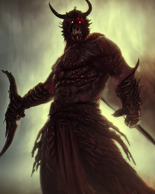 Prompt: Demon berserker, solo, one character, portrait, Path of Exile, Warhammrer, Diablo, Magic the Gathering, fantasy, gritty, cinematic lighting, centered, centered, symmetrical, symmetrical, highly detailed, digital painting, Artstation, concept art, sharp focus, 8k