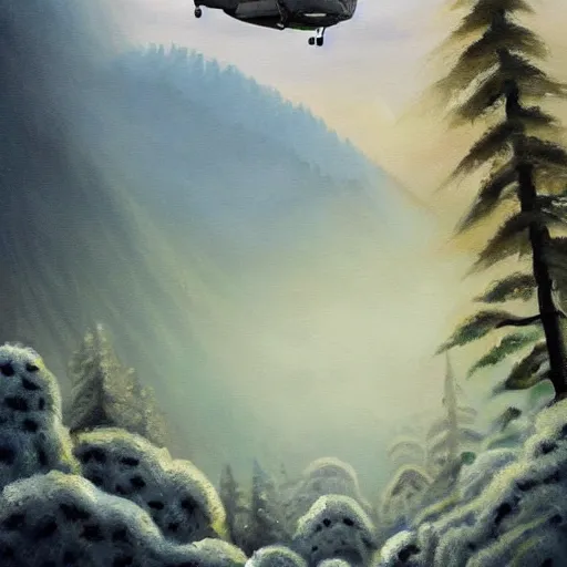 Image similar to a beautiful painting about a futuristic military helicopter landing in a misty rainforest, surrounded by mountains and snow. Featured on Artstation. angelic fluffy alien rivulet cylinder civet photon melon curd, by Evard