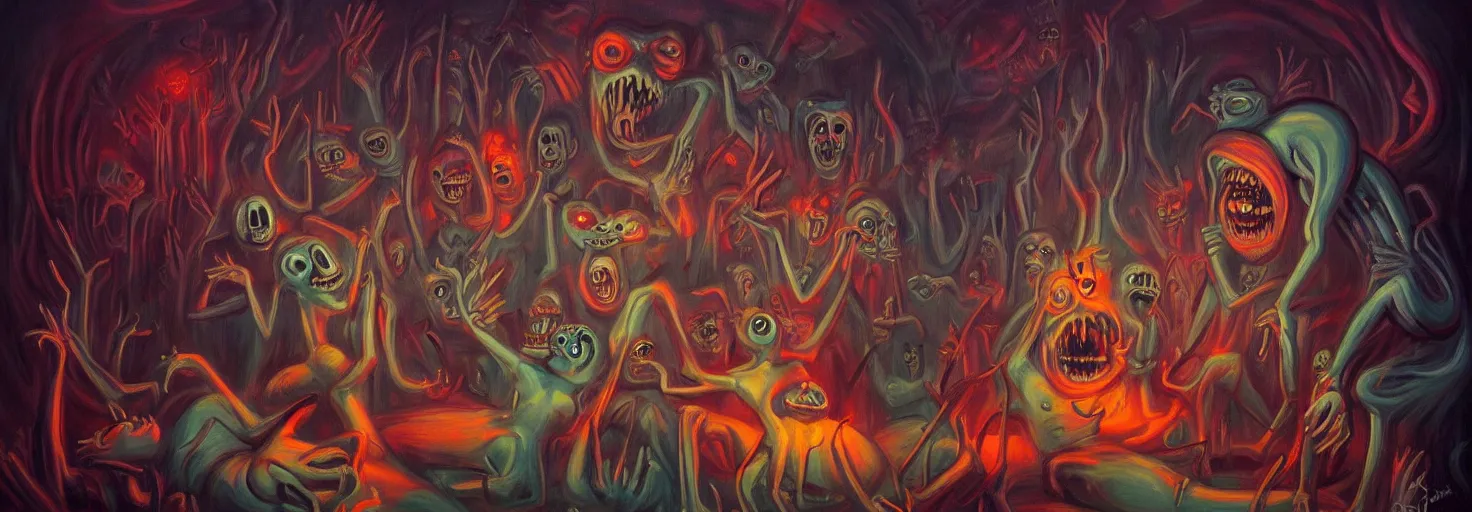 Image similar to visceral freaky obsessive monsters from the darkest depths of collective unconscious, dramatic glowing lighting, 1 9 3 0 s fleischer cartoon characters, wild emotional expressions - surreal painting by ronny khalil