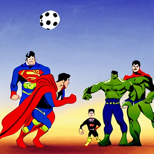 Image similar to supermen and hulk playing soccer at desert, a crowd watching they play