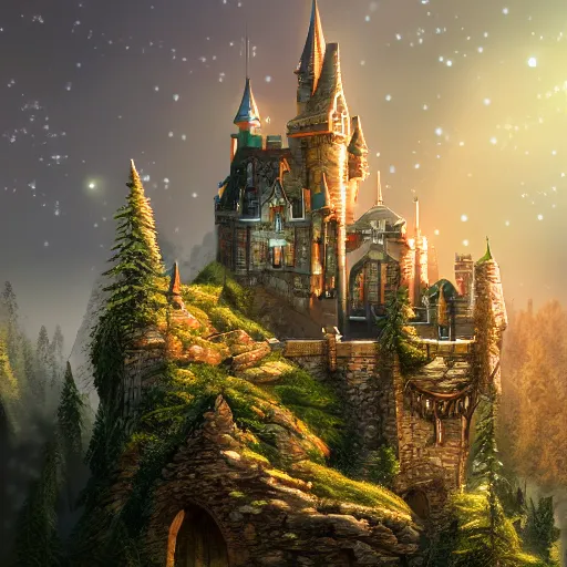 Prompt: beautiful magical castle above the forest, high fantasy, sunlight, lens flare, light fixtures, 8K, detailed, photorealism, artstation