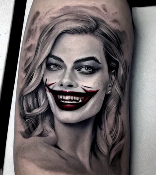 Image similar to tattoo design sketch of beautiful margot robbie portrait with joker makeup, in the style of den yakovlev, realistic face, black and white, realism tattoo, hyper realistic, highly detailed